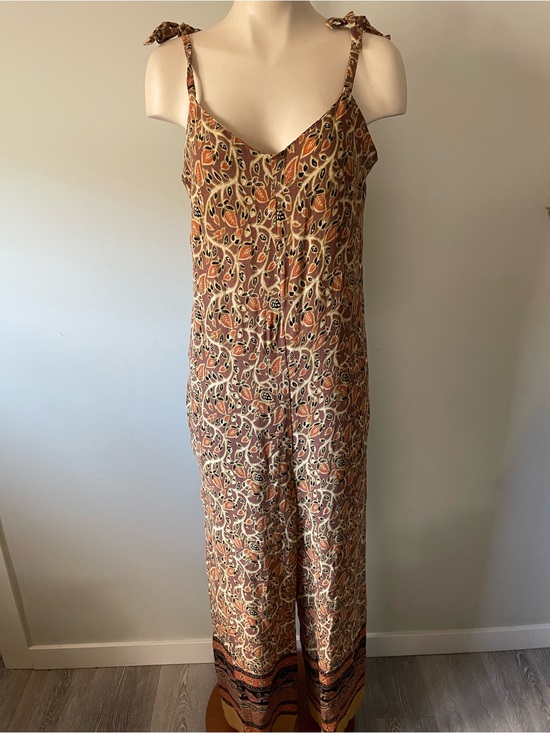 Vintage Pants - 90s Vintage Boho Wide Leg One Piece Jumpsuit Earthy Hippie Tie Strap Festival